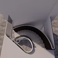 Elegant Spiral Staircase With White Structure Glass Railing And Marble Floor Under Blue Sky