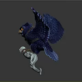 Blue Owl With Spread Wings Clutching Small White Ghost On Dark Background