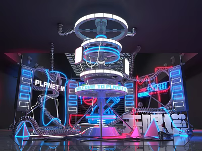 Futuristic Planet M Installation With Mega Space Neon Lights And Spiral Structure 3d model