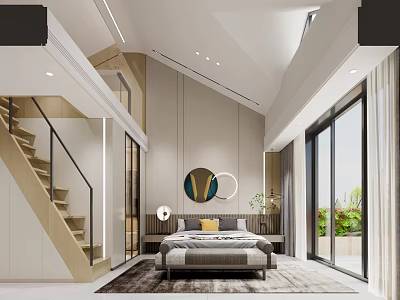 Modern Bedroom Interior With King Bed Decorative Mirror And Floor To Ceiling Windows 3d model