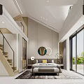 Modern Bedroom Interior With King Bed Decorative Mirror And Floor To Ceiling Windows