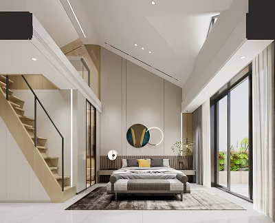Modern Bedroom Interior With King Bed Decorative Mirror And Floor To Ceiling Windows 3d model