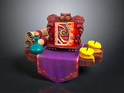 Decorative Household Items With Scrolls Bottles Candles And Gem Frame On Purple Cloth 3d model