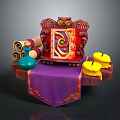 Decorative Household Items With Scrolls Bottles Candles And Gem Frame On Purple Cloth