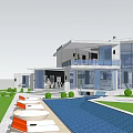 Modern Detached Villa With Large Glass Walls Outdoor Courtyard Pool And Green Plants