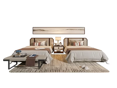 Modern Cozy Single Beds With Pillows Nightstand Lamp Wall Art And Soft Rug 3d model
