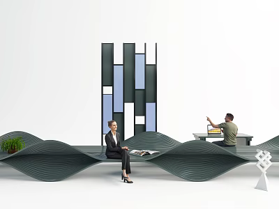 Wave Shaped Public Chair In Modern Interior With Geometric Wall And Seated People 3d model