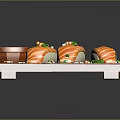 Fresh Salmon Sushi Rolls on Wooden Tray with Soy Sauce Green Garnish and Sesame Seeds