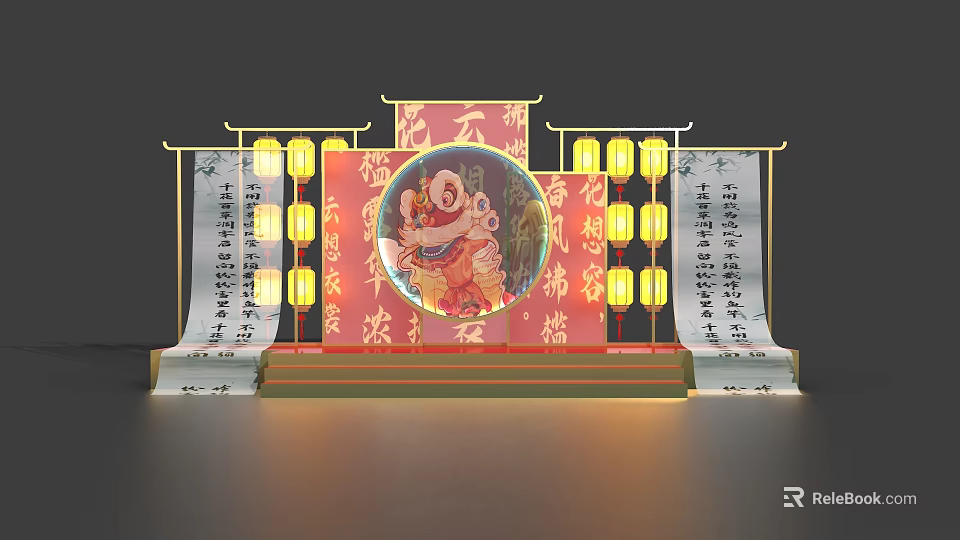 Chinese Style Stage Featuring Circular Decoration Buddha Statue Red Background Lanterns Scroll Calligraphy 3d model