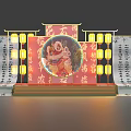 Chinese Style Stage Featuring Circular Decoration Buddha Statue Red Background Lanterns Scroll Calligraphy 3d model