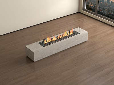 Modern Fireplace With Glass Panel Burning Flames On Wooden Floor Near Large Window City View 3d model