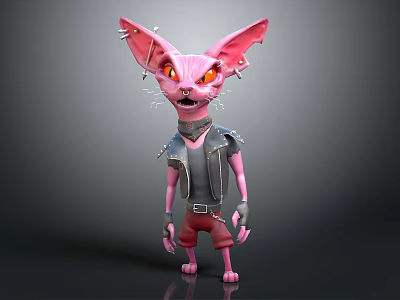 Pink Punk Style Creature Character With Spiked Ears Orange Eyes Black Vest Red Pants 3d model
