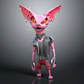 Pink Punk Style Creature Character With Spiked Ears Orange Eyes Black Vest Red Pants