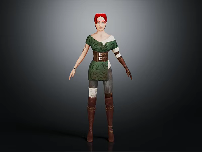 Red Haired Female Adventurer Wearing Green Top Brown Belt Gray Pants And Boots 3d model