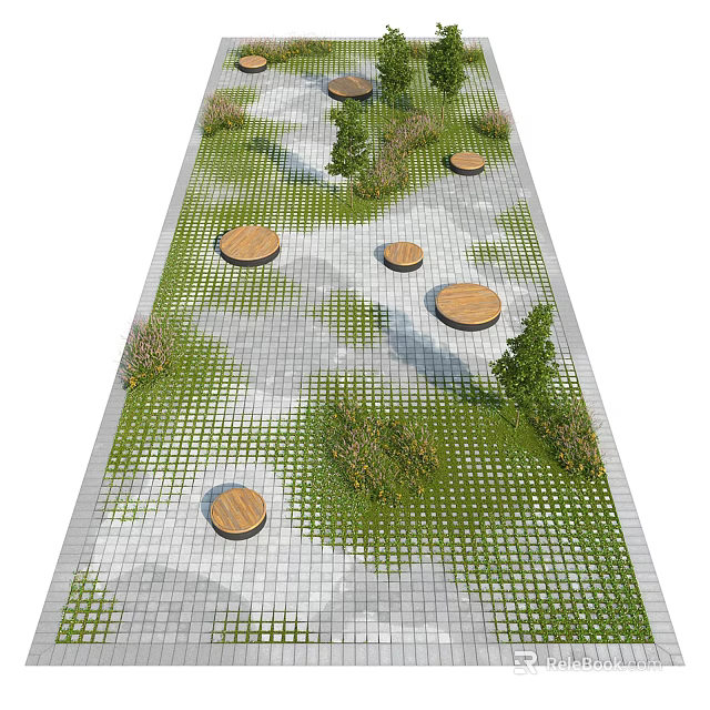 Park Landscape Design With Stone Paved Path Circular Wooden Platforms Green Plants And Grass Patches 3d model 