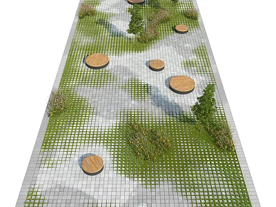 Park Landscape Design With Stone Paved Path Circular Wooden Platforms Green Plants And Grass Patches 3d model