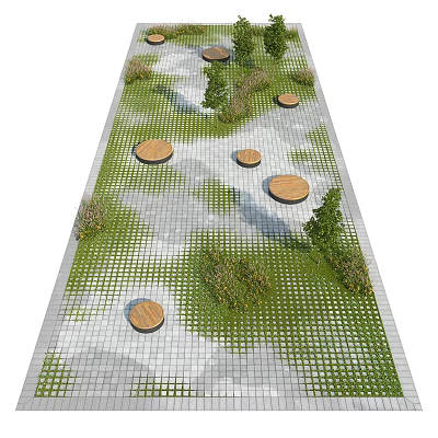 Park Landscape Design With Stone Paved Path Circular Wooden Platforms Green Plants And Grass Patches 3d model