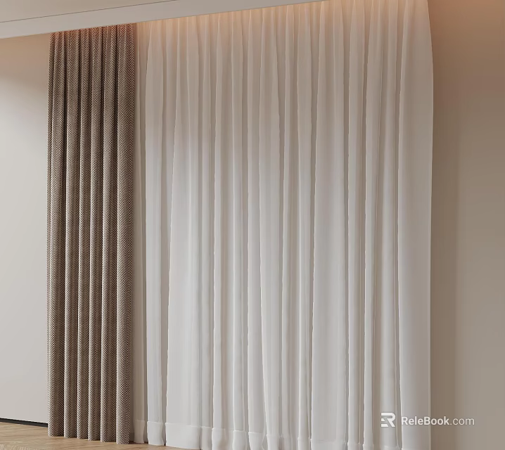 Brown Textured And White Sheer Layered Curtains For Modern Room Interior 3d model 
