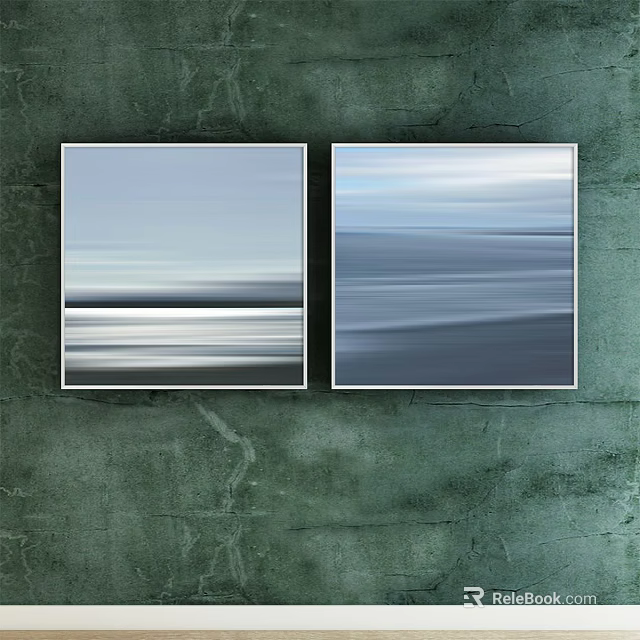 Two Abstract Paintings With Green Wall Background Blurred Lines And Gradient Blue Gray Tones 3d model 
