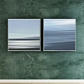 Two Abstract Paintings With Green Wall Background Blurred Lines And Gradient Blue Gray Tones