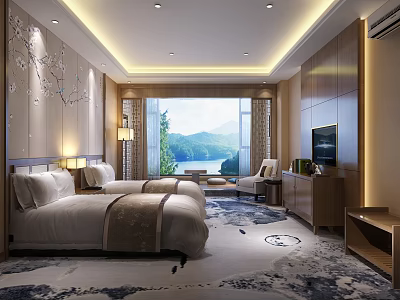 Hotel Guest Room with Twin Beds Floor-to-Ceiling Windows Lake and Mountain View Elegant Interior Decor 3d model