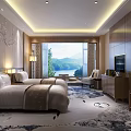 Hotel Guest Room with Twin Beds Floor-to-Ceiling Windows Lake and Mountain View Elegant Interior Decor