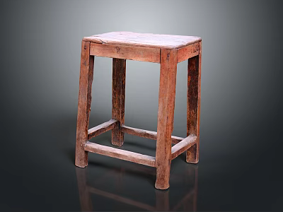 Rustic Wooden Stool With Square Seat Four Legs And Weathered Surface 3d model