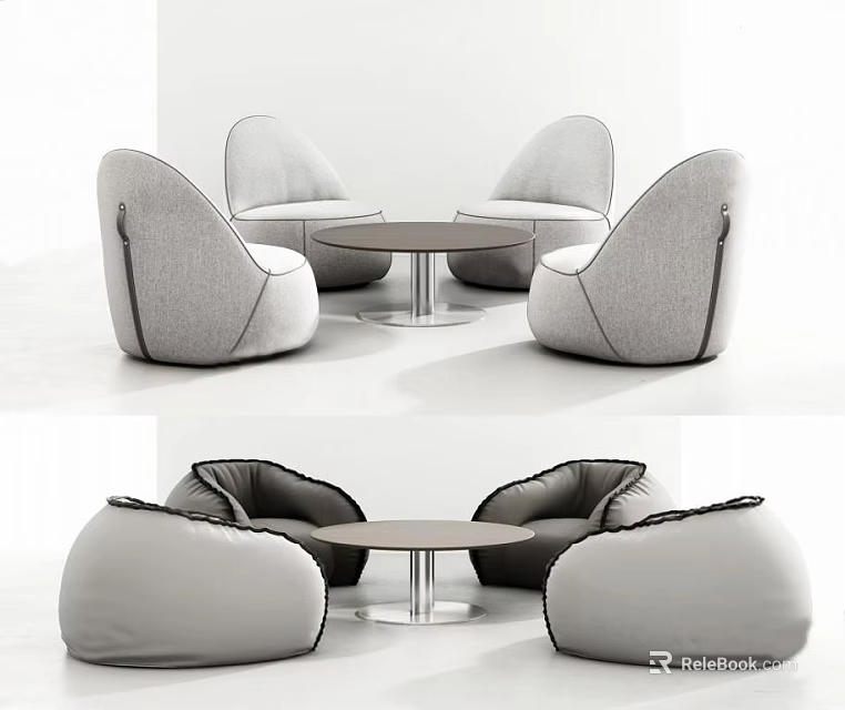 Modern Leisure Sofa Set With Light Gray Fabric Curved Design And Round Coffee Table 3d model 
