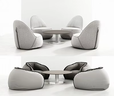 Modern Leisure Sofa Set With Light Gray Fabric Curved Design And Round Coffee Table 3d model