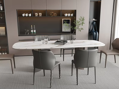 Modern Dining Table And Gray Chairs With Marble Top Cabinets And Decorative Plant 3d model