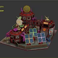 Cartoon Scene with Tower Dome Structure Satellite Dish Solar Panels Colorful Roofs Decorations and Wooden Fence