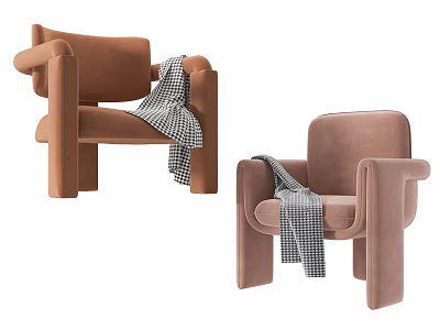 Brown and Pink Velvet Upholstered Accent Chairs with Checkered Blanket Draped Over Armrest 3d model