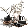 Stylish Decorative Ornament Set With Branches Black Vase Glassware Candles And Wooden Tray