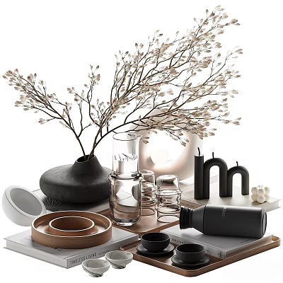 Stylish Decorative Ornament Set With Branches Black Vase Glassware Candles And Wooden Tray 3d model