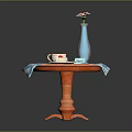 Dining Table With Blue White Checkered Tablecloth Blue Vase Pink Flower Dessert Plate And Cup