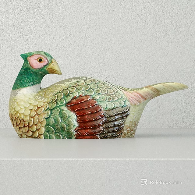 Colorful Bird Shaped Ceramic Decorative Ornament Set With Feather Texture On White Surface 3d model 