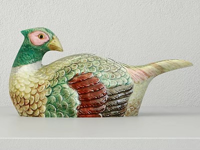 Colorful Bird Shaped Ceramic Decorative Ornament Set With Feather Texture On White Surface 3d model