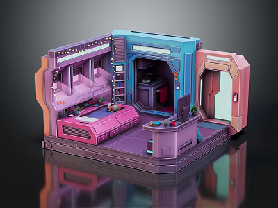 Cartoon Style Sci Fi Room Interior With Colorful Sofa Console Shelves And Lighting 3d model