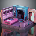 Cartoon Style Sci Fi Room Interior With Colorful Sofa Console Shelves And Lighting