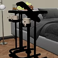Cozy Bedroom Scene With White Rolling Tray Table Holding Salmon Meal And Glass