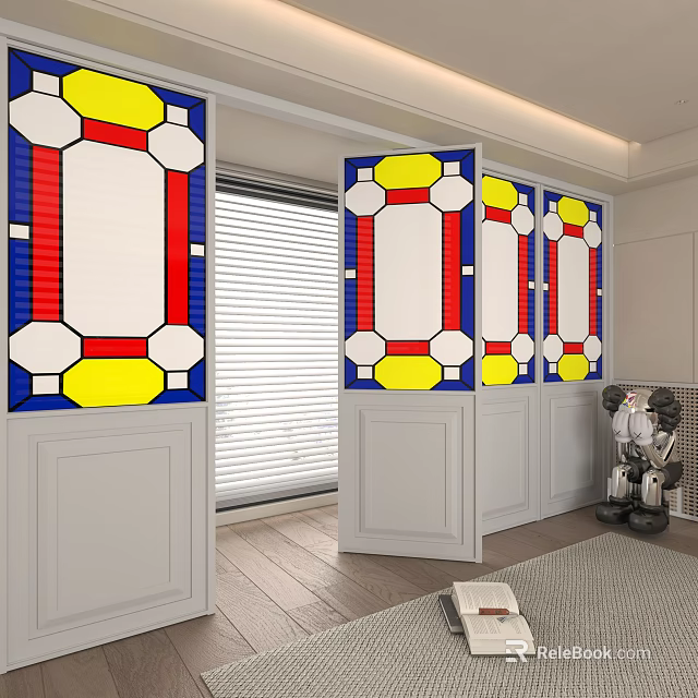 Decorative Colorful Geometric Pattern Room Divider With Red Yellow Blue White Panels 3d model 