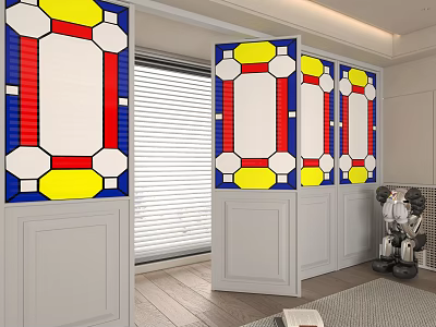 Decorative Colorful Geometric Pattern Room Divider With Red Yellow Blue White Panels 3d model