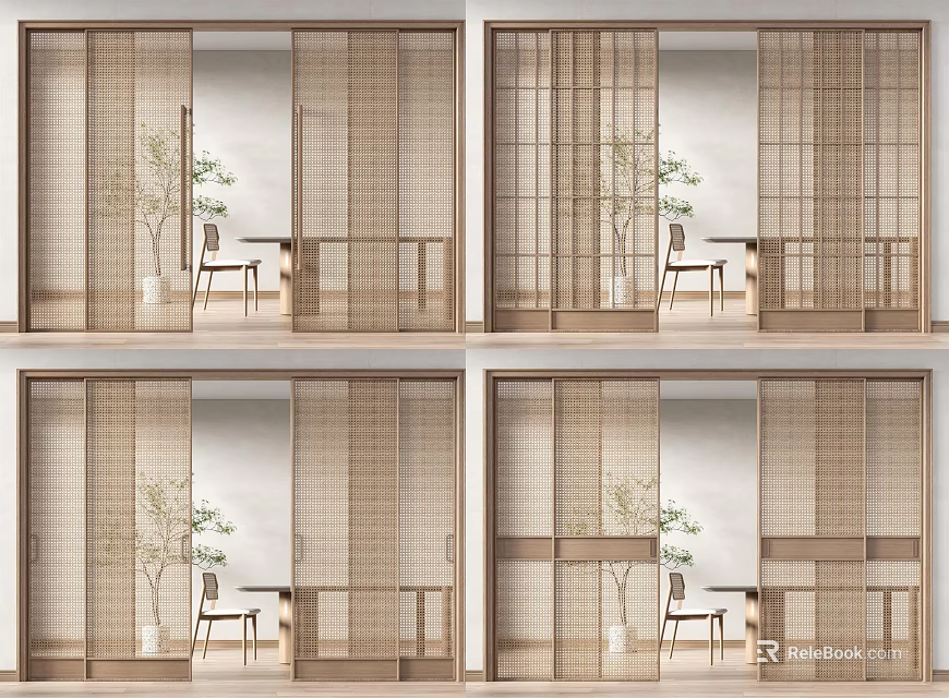 Light Filtering Wooden Frame Sliding Doors With Natural Materials For Modern Interior 3d model 