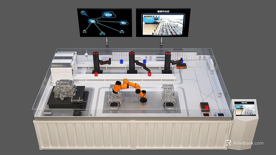 Intelligent Machinery System Featuring Robotic Arm Monitor Screens In Automated Industrial Setup 3d model 