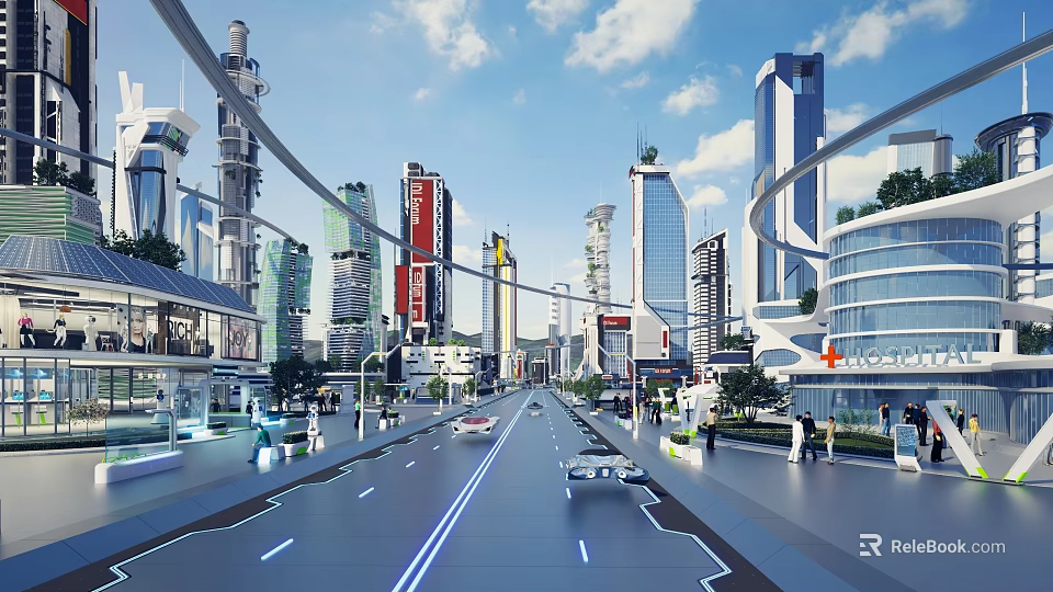 Futuristic Urban Road Infrastructure With Glowing Lane Lines Pedestrian Walkways And Tall Buildings 3d model 