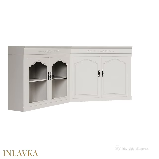 White Curved Cabinet With Glass Doors Black Handles And Decorative Carvings 3d model 