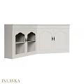 White Curved Cabinet With Glass Doors Black Handles And Decorative Carvings