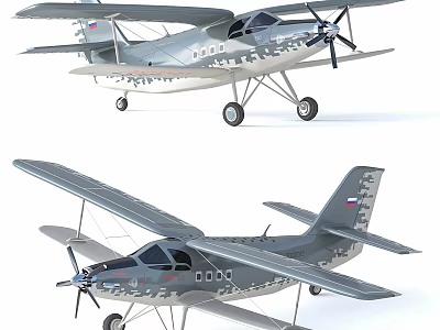 Gray Propeller Aircraft With Markings Showcased In Different Angles View 3d model