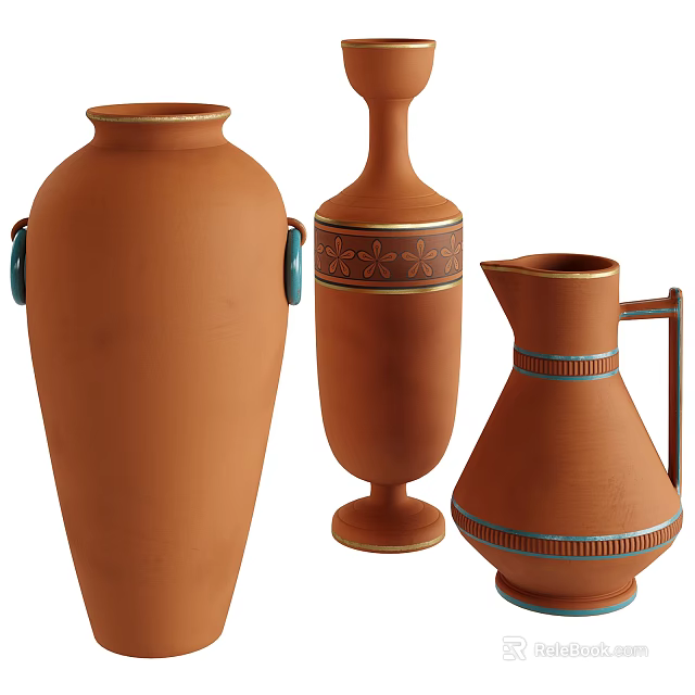 Terracotta Ceramic Vessels Featuring Gold Floral Patterns Blue Accent Lines Double Handled and Handle Jug Design 3d model 
