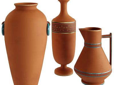Terracotta Ceramic Vessels Featuring Gold Floral Patterns Blue Accent Lines Double Handled and Handle Jug Design 3d model
